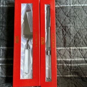 Oleg Cassini Etch Signed NIB Cake Knife and Serving Set. Beautiful Shower Gift?